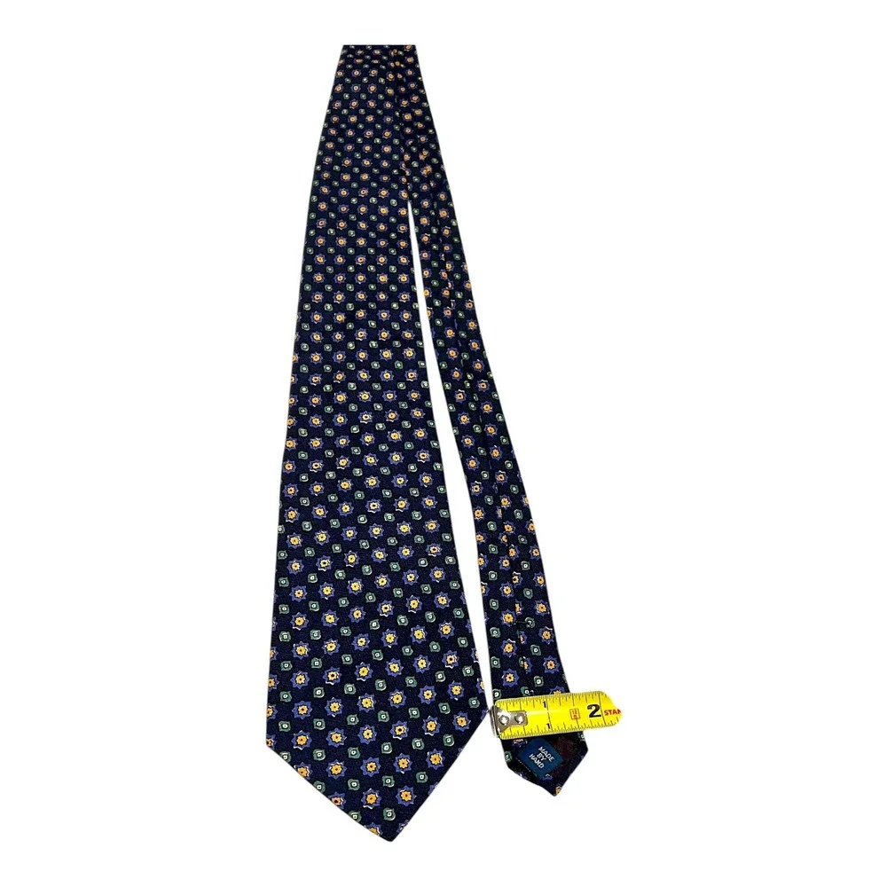 Polo Ralph Lauren Mens Floral Necktie Navy Blue Yellow Green Plaid Hand Made‎